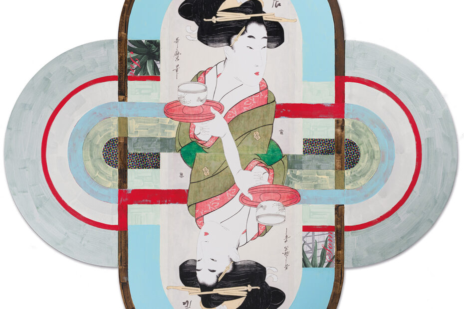 Utamaro 3 – Geisha with cuppa, 2023. Acryl, Öl und Collagen auf Leinwand, 140 x 140 cm (Foto: Horst Ziegenfusz | VG Bild Kunst)